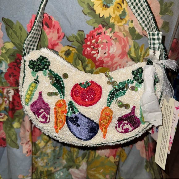 Handbags - Beaded Vegetable Embroidery Shoulder Bag in White - made in India!
